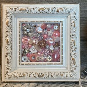 Vintage Cottagecore Frame Pink Floral Jewelry Button Art Wall Decor